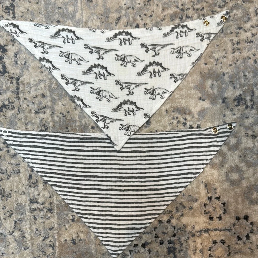 White and grey muslin Bibs Set with Dinosaur and Stripe Patterns